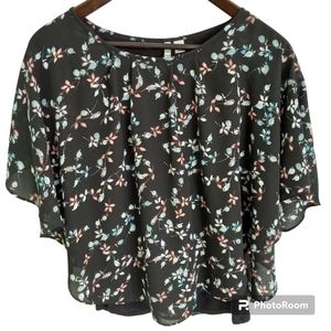 Elle Floral Poncho Top Blouse Black XS Flowy Lined Boho Cottagecore Romantic